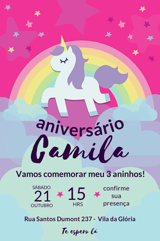 Convite Virtual Aniversário Unicórnio